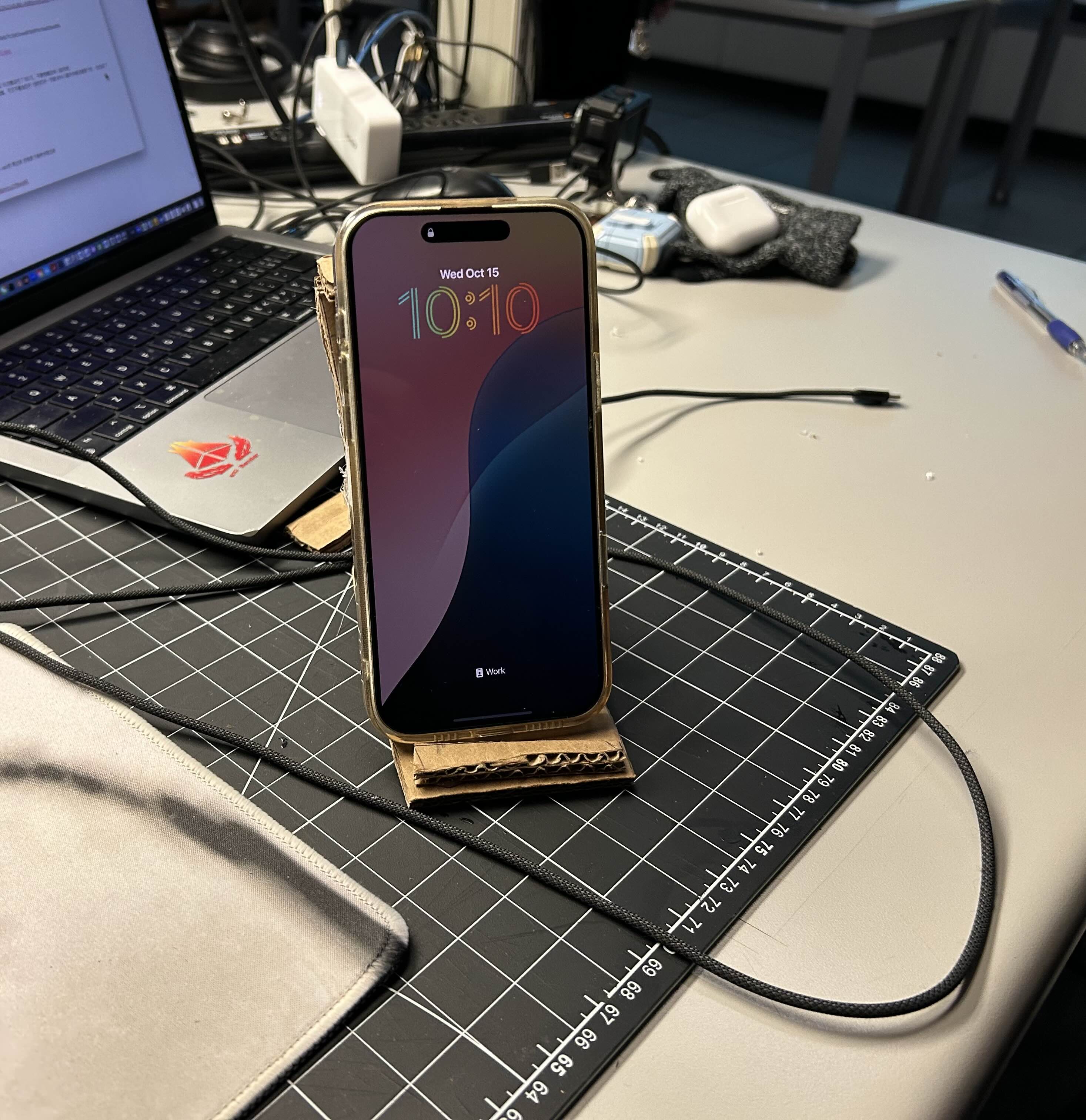 This is what his phone looks like when it's on the second version of the phone holder.